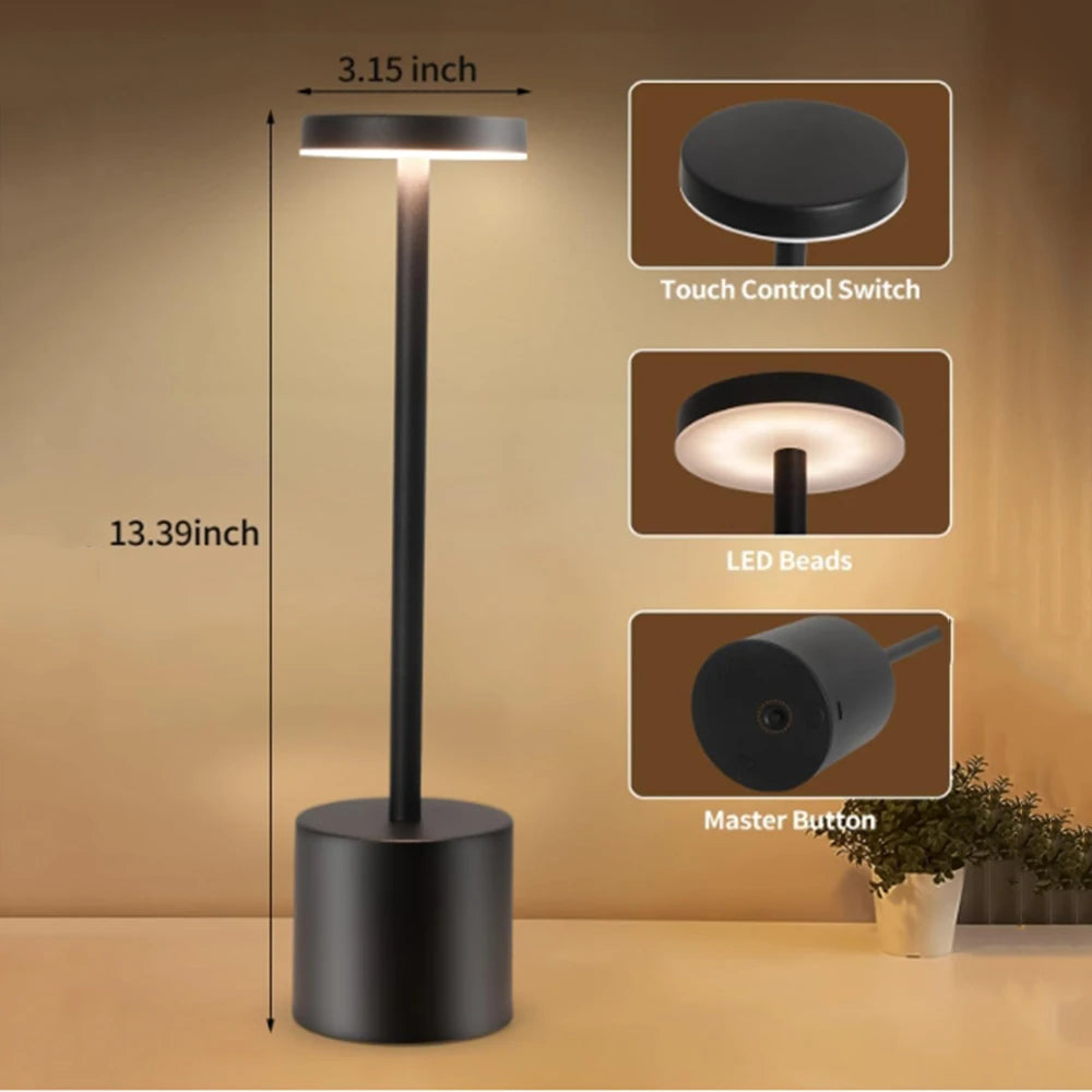 LED Metal Desk Lamp 3-Color Touch Control Adjustable Brightness USB Rechargeable Portable  Bedroom Living Room Bar Decoration