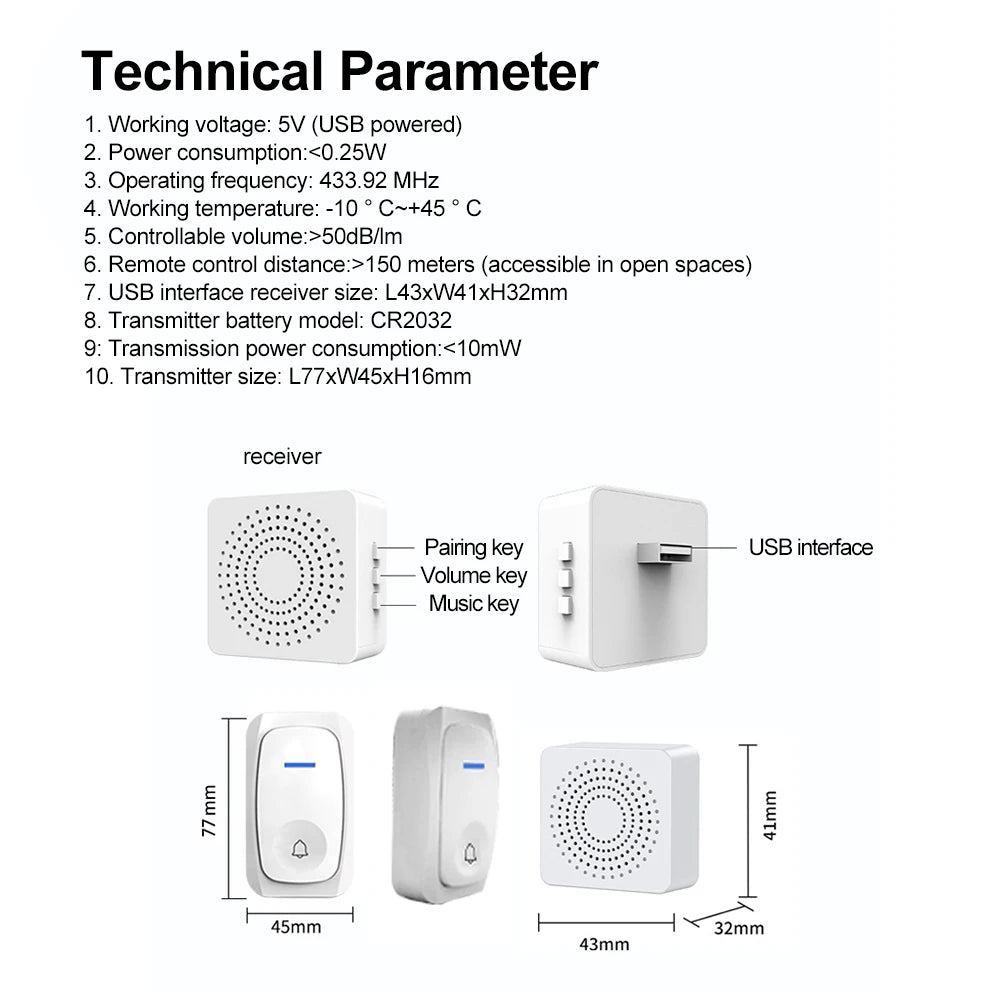 USB Wireless Doorbell Smart Welcome Door Bell Three-speed Volume 38 Songs Melodies Doorbell For Home Bed Call Emergent Call
