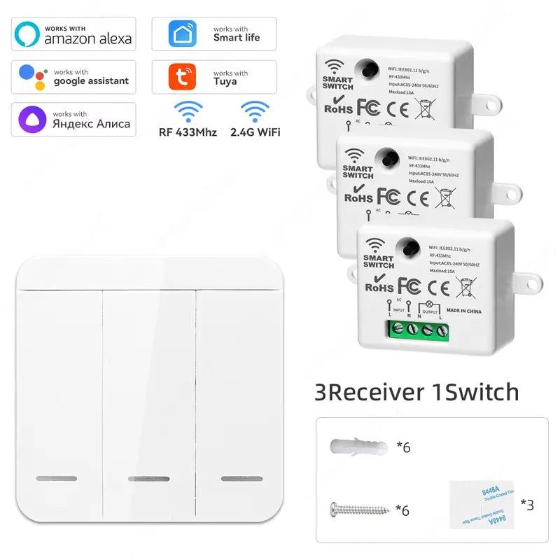 Tuya Smart Home Wifi RF433 Mhz Switch 1/2/3gang Button Switch Strong Signal Wiring-free Remote Control  Works with Alexa Google