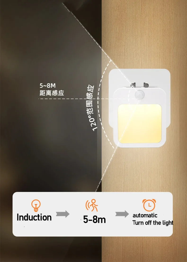 Motion Sensor LED Night Lights EU Plug Dimmable Cabinet Light for Baby Bedside Bedroom Corridor Wireless Night Lamp Lighting