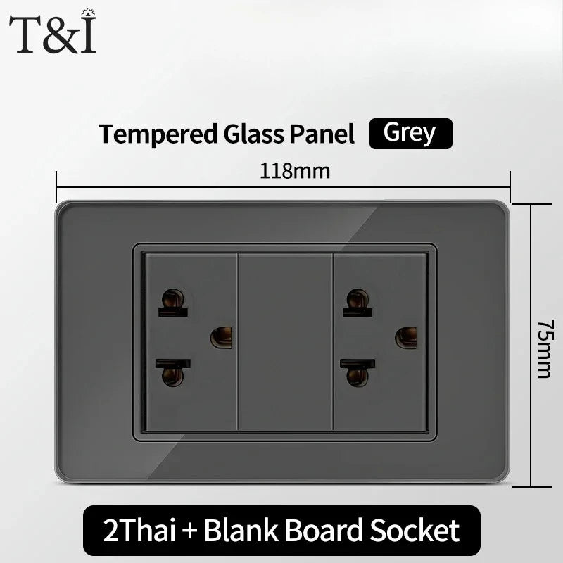 118*75mm Tempered Glass Socket US Wall Socket Grey Thai USB Socket Plug with Dual USB Type-C Ports,Light Switch 110V