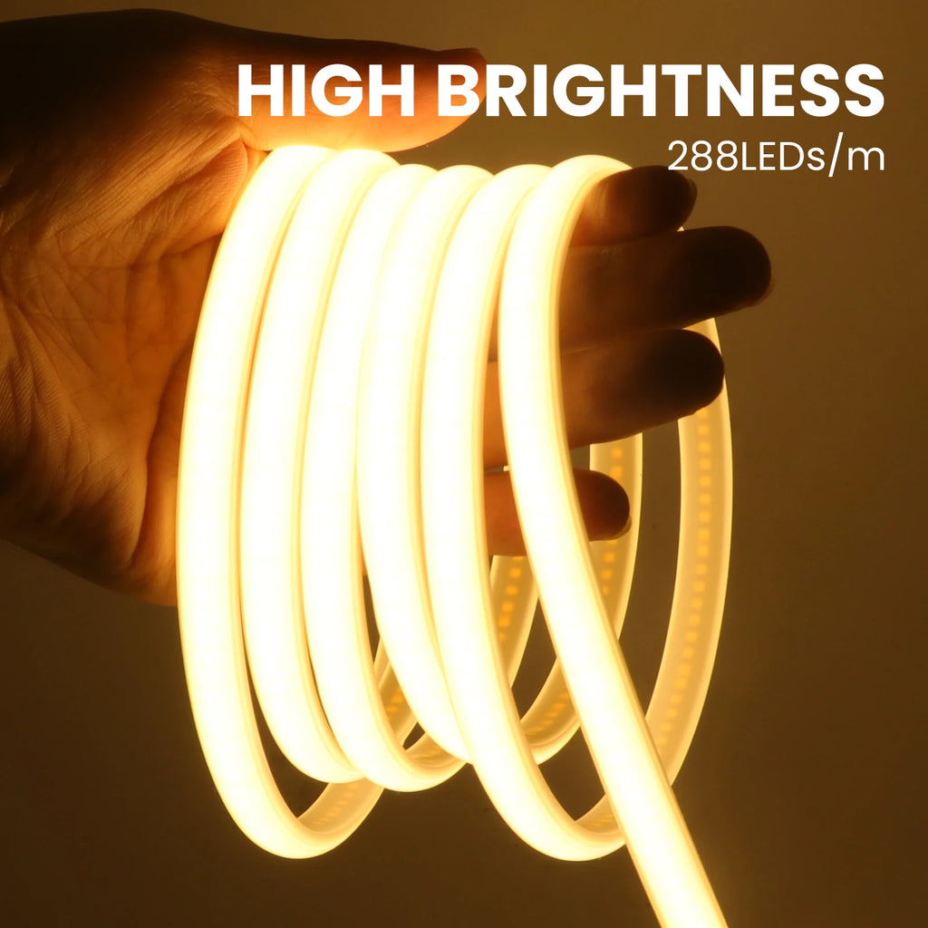 220V COB Led Strip EU Plug Warm White Red Blue Green Pink 288LEDs/m IP65 Waterproof Flexible Neon Light for Kitchen Room Garden