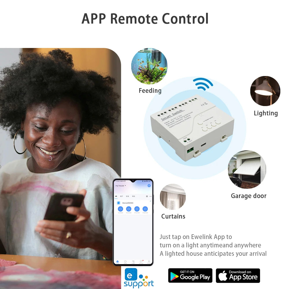 EWelink WiFi Smart 4CH Switch 220V 10A Relay Module APP Remote Control 12V 24V 85-250V Receiver Google Home Alexa