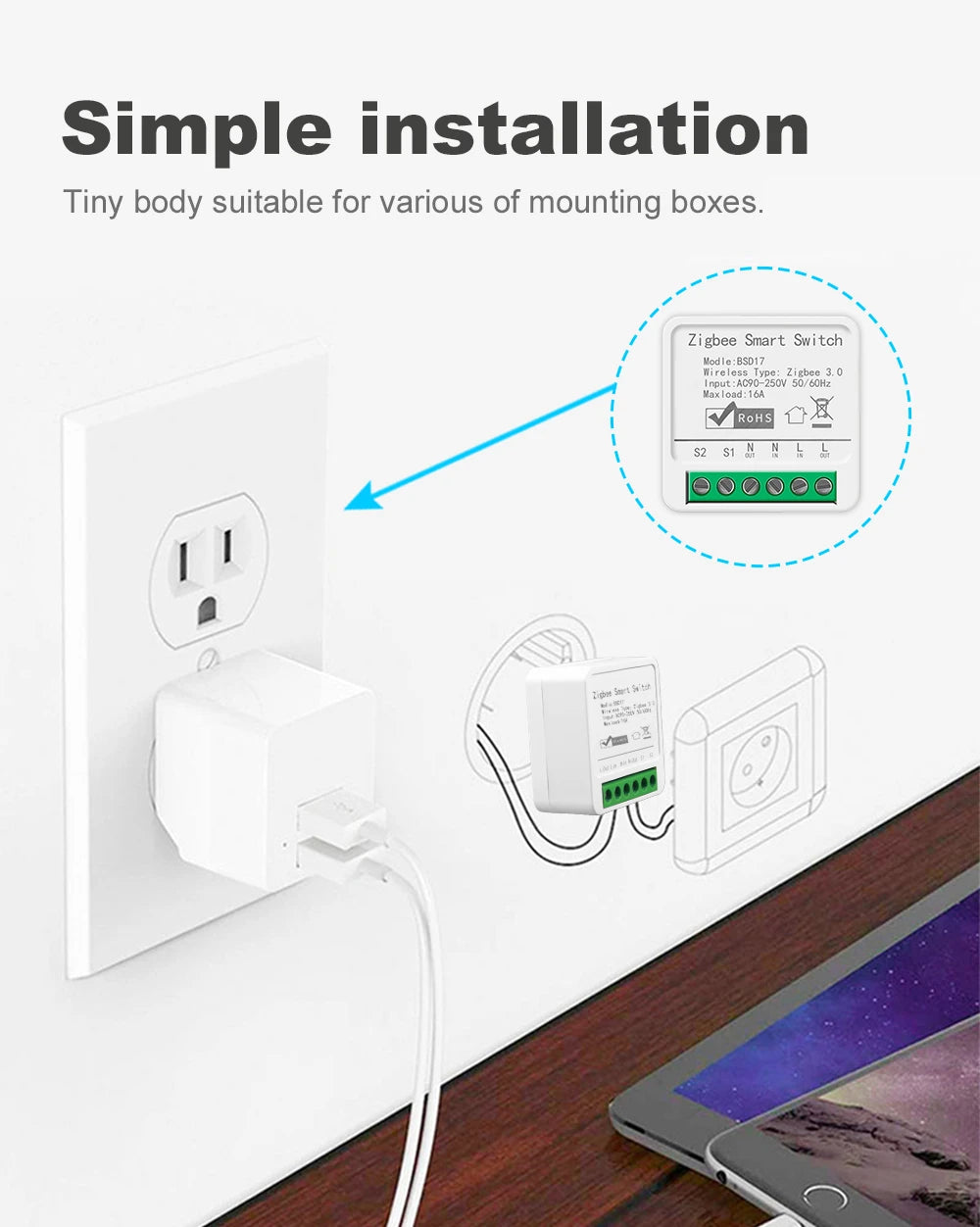 Smart ZigBee3.0 Light Switch Module 16A MiNi DIY Breaker Switch Supports 2 Way Control App Remote Control for Alexa Google Home
