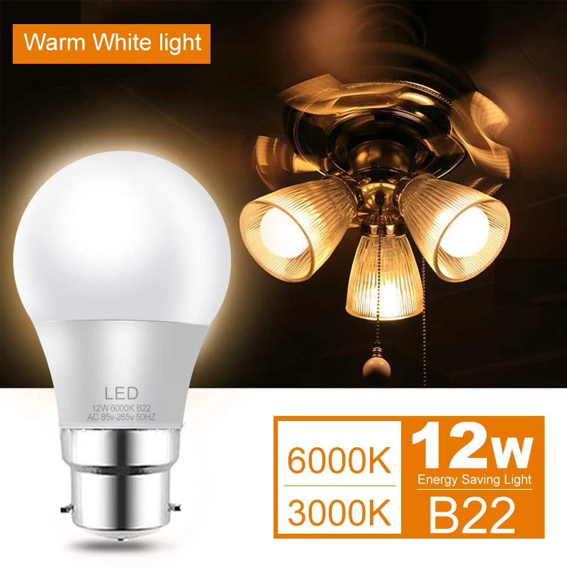 B22 9W 12W LED Bulb Energy Saving AC85-265V LED Lamp Bulb for Living Room Home Kitchen Garage Indoor