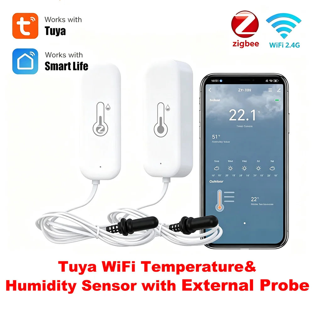 Tuya Zigbee WiFi Temperature Humidity Sensor with External Probe, Smart Home Compatible with Smart Life Google Home Alexa