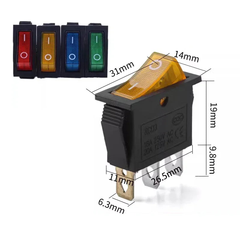 5/20PCS KCD3 Rocker Switch with LED ON OFF 16A 250V 220V 3 Pin 20A Small Light Cover Cap for Electric 2Position Switch