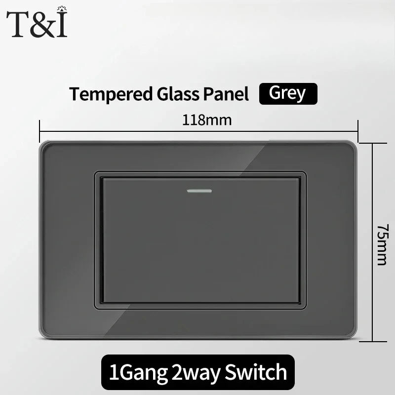 118*75mm Tempered Glass Socket US Wall Socket Grey Thai USB Socket Plug with Dual USB Type-C Ports,Light Switch 110V