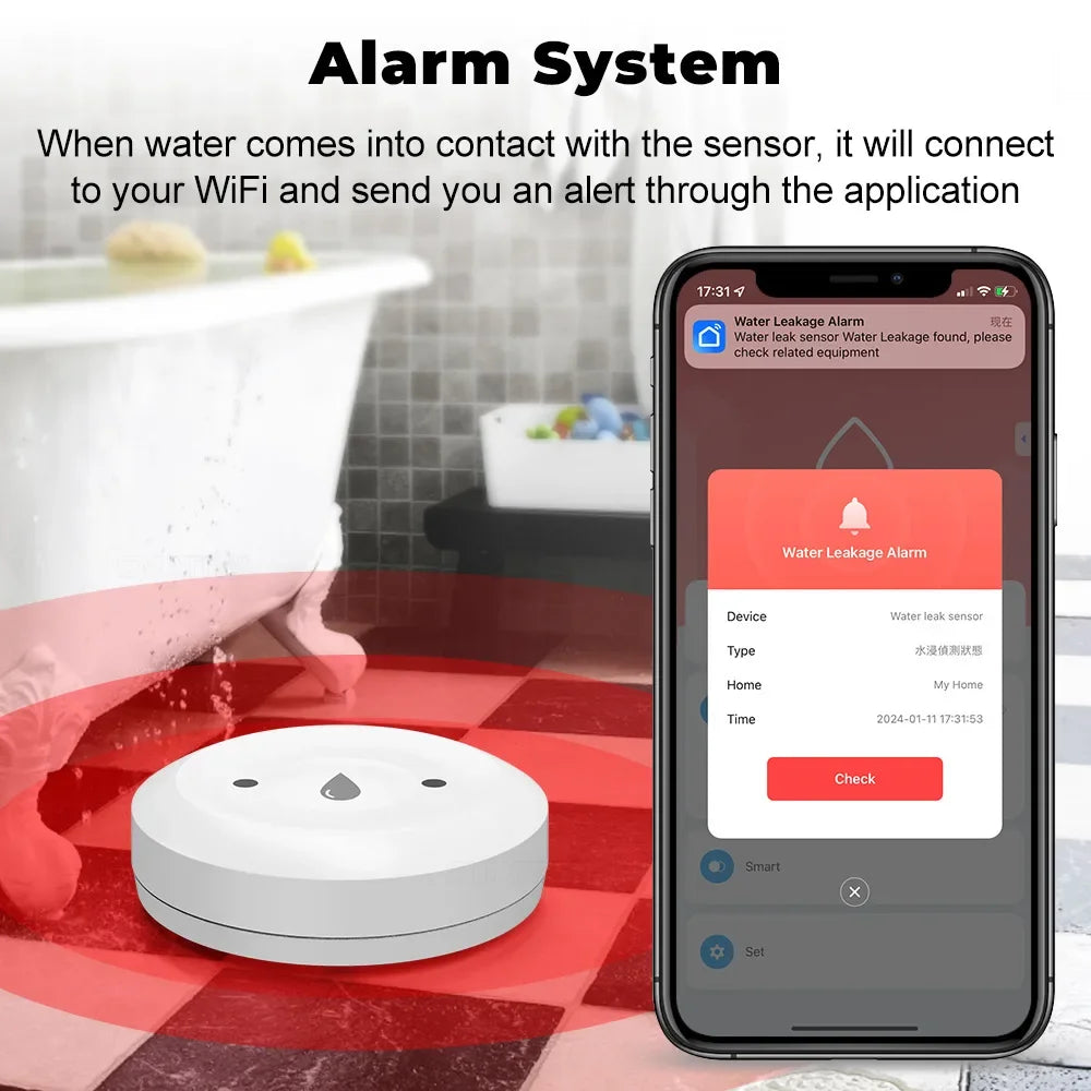 For Tuya Zigbee Water Leak Detector Smart Home Flood Sensor Real-Time Smart Life APP Alerts and Alarm History