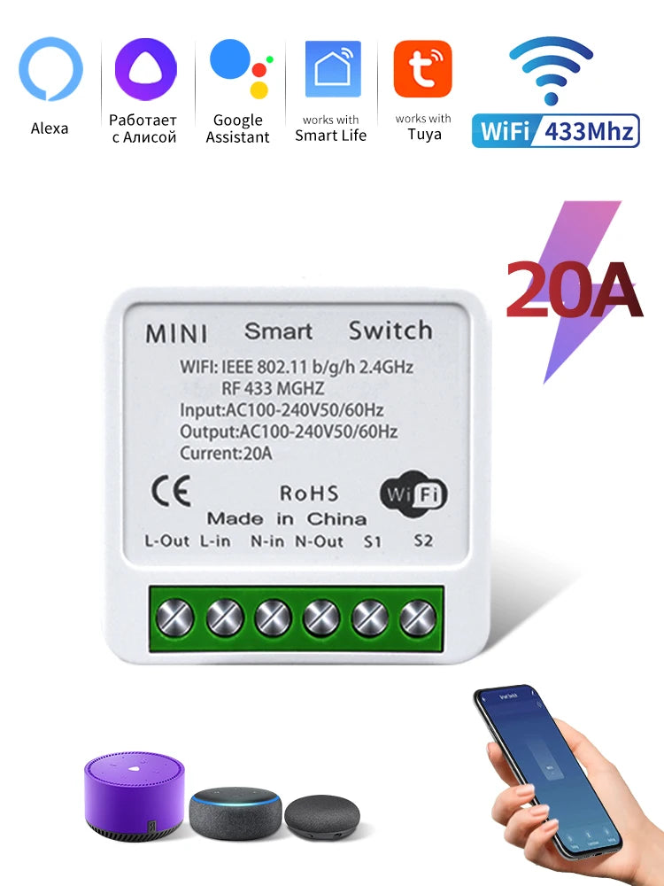 20A Tuya WiFi Smart Switch 16A RF 433Mhz Wireless Relay Receiver Mini Round Panel Switch Voice Control Alexa Google Home Alice