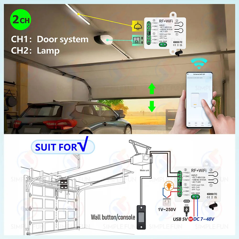 Tuya WiFi RF433mhz Motor Remote Control Switch 2 CH DC 12V 24V DIY Switch/Garage Door Opener/Motor,Work with Alexa Google Home
