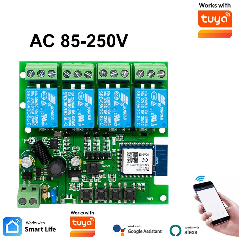 4CH Wifi Relay Smart Wireless Switch Module 4 Channel 7-32V 85-250V 220V 110V 2200W RF433 4 Way Receiver Works with Tuya Alexa