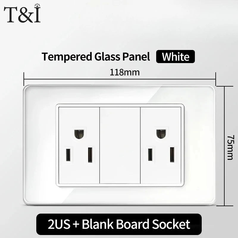 T&I 118*75mm Tempered Glass US Wall Socket White Thai USB Socket Plug with Dual USB Type-C Ports,Light Switch 110V