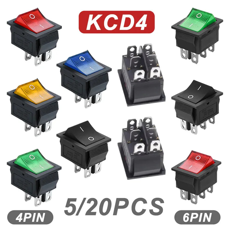 5/20Pcs KCD4 Snap-in Switch AC Power Switch ON OFF 16A 250V Rocker Switch 4/6Pin Toggle Switches with Led Light kcd4 25x31mm