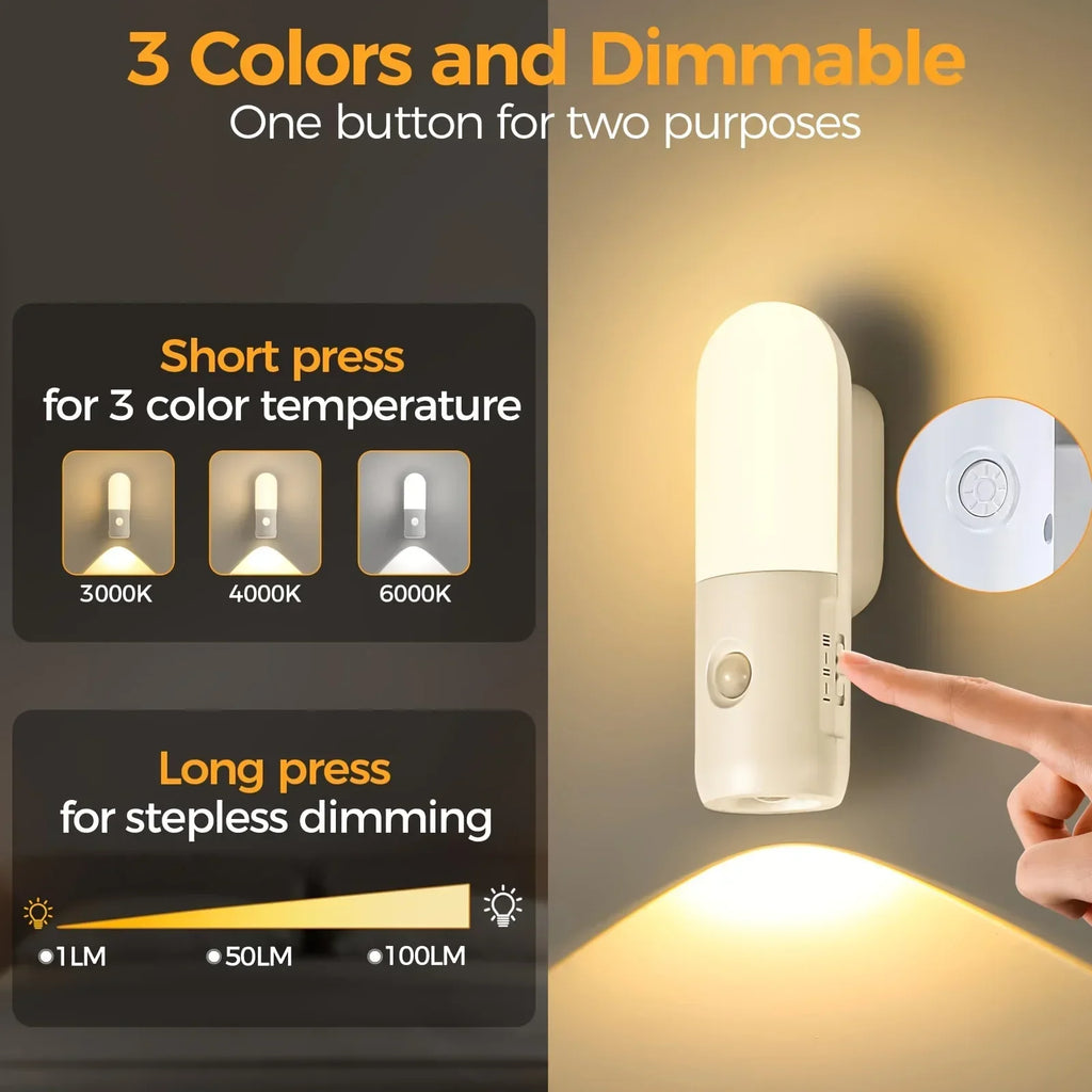 3 Colors Dimmable Spotlights 2 in 1 LED Night Light with Motion Sensor Rechargeable Magnetic Wall Lamp for Bedroom Hallway Stair