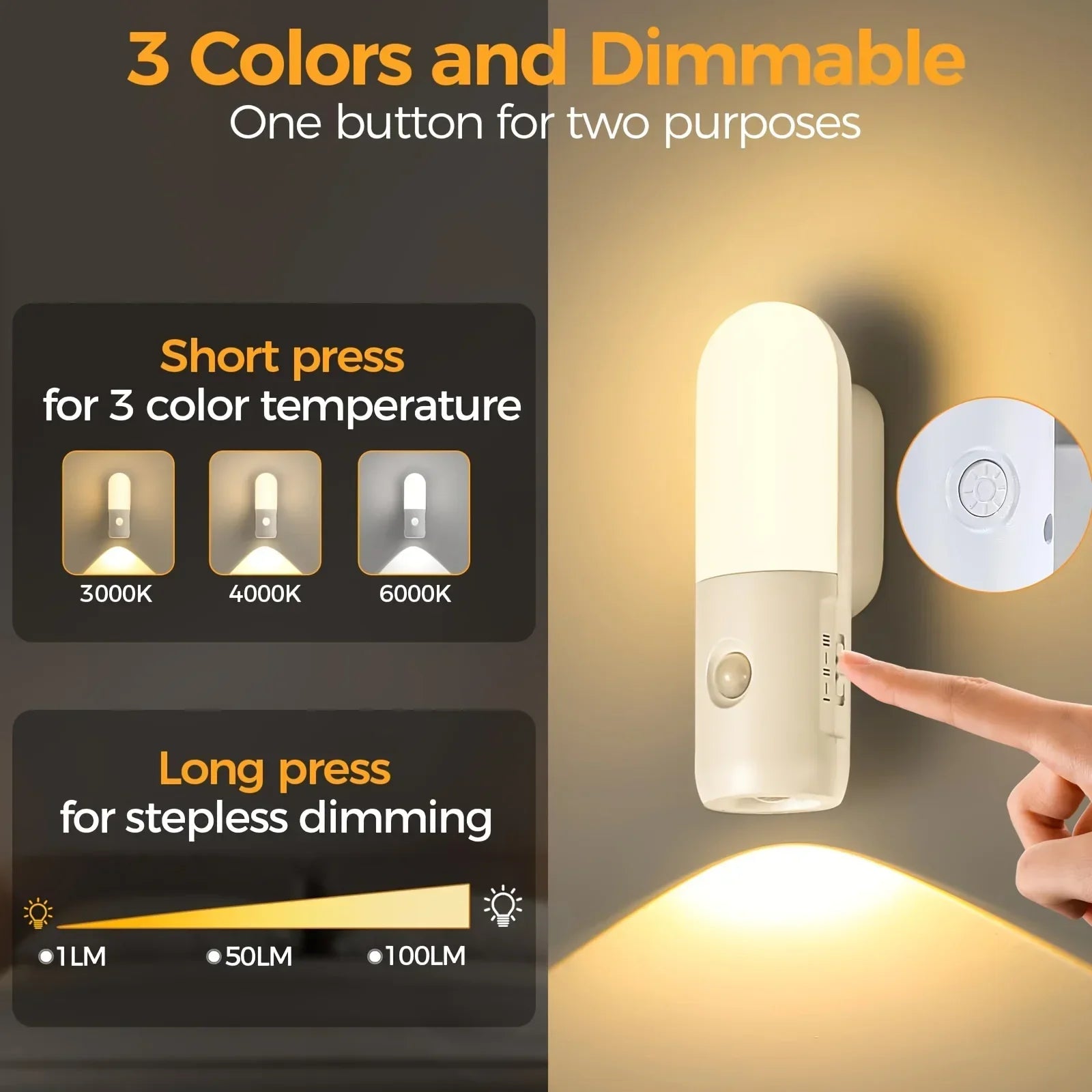 3 Colors Dimmable Spotlights 2 in 1 LED Night Light with Motion Sensor Rechargeable Magnetic Wall Lamp for Bedroom Hallway Stair