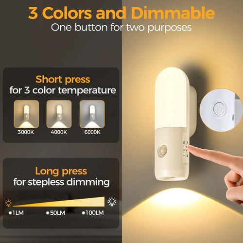 3 Colors Dimmable Spotlights 2 in 1 LED Night Light with Motion Sensor Rechargeable Magnetic Wall Lamp for Bedroom Hallway Stair