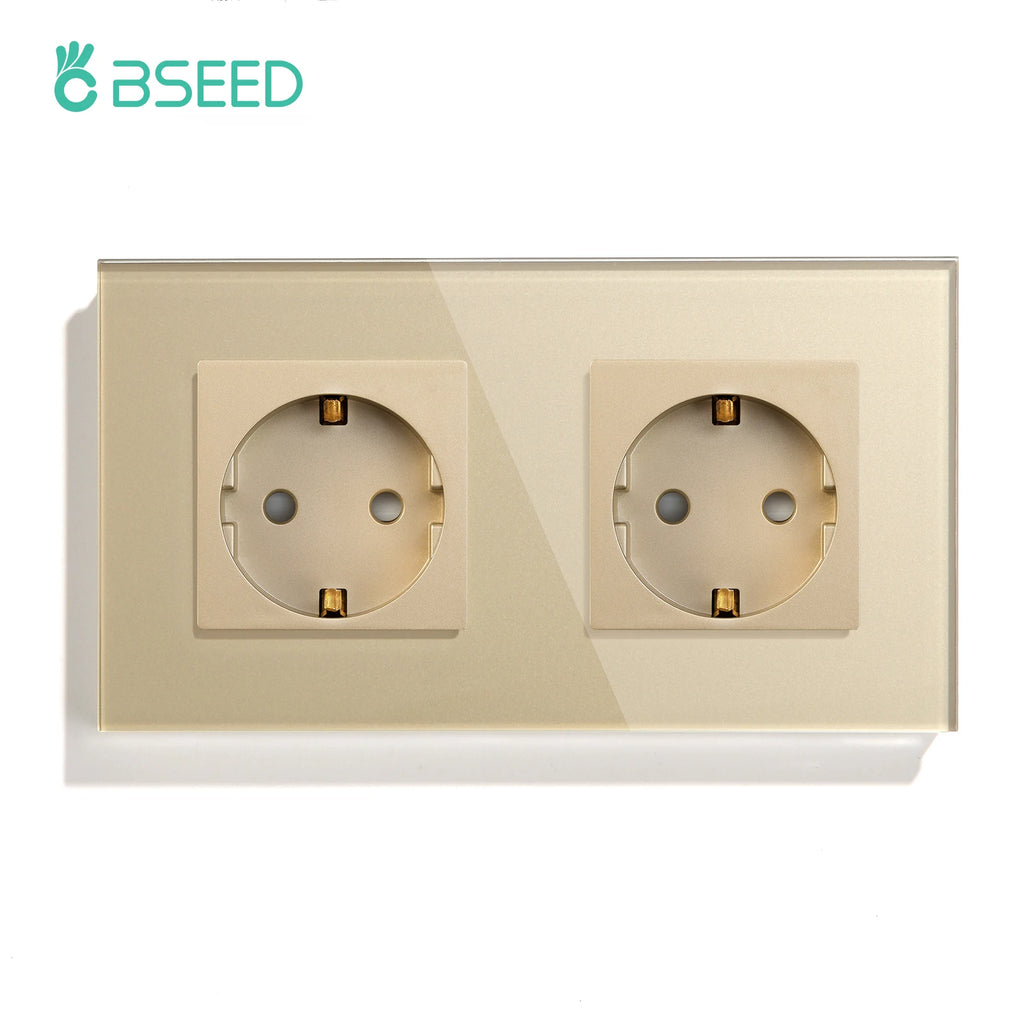 BSEED EU Standard Single Wall Socket Double Power Plugs With White Black Crystal Glass Panel Triple Outlets 16A 110V-250V