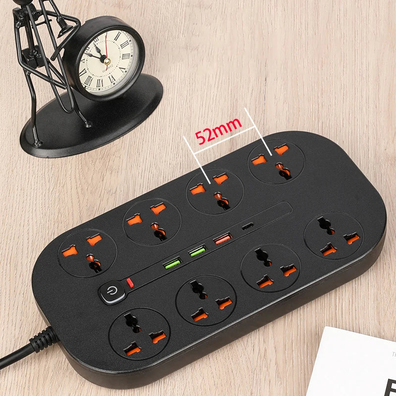 Power Strip Surge Protector Electrical Sockets with 3 USB 1 Type-C Ports 2m Extension Cord 8 Universal Outlets EU,UK,US Plug