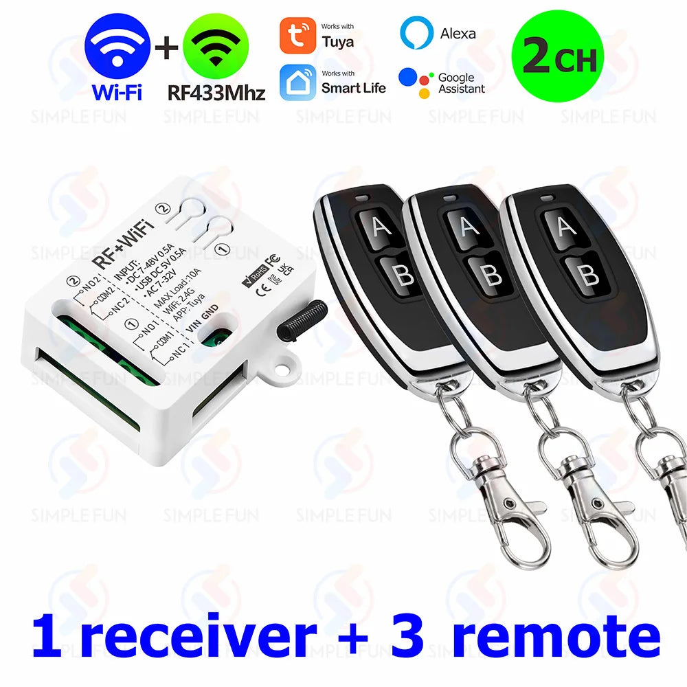 Tuya WiFi RF433mhz Motor Remote Control Switch 2 CH DC 12V 24V DIY Switch/Garage Door Opener/Motor,Work with Alexa Google Home