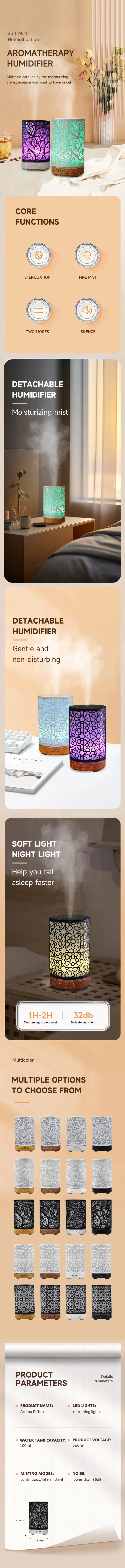 100ml Essential Oil Diffuser Aroma Diffuser Timing Function Hollow Ultrasonic Air Humidifier Smart Home Appliance with LED Light