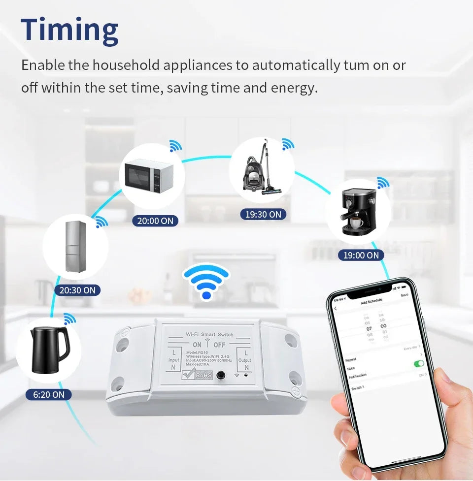 20A/16A/10A WIFI Switch Smart Home Automation Relay Module Wireless Control Switch Relay Breaker Voice Control Work Alexa Google