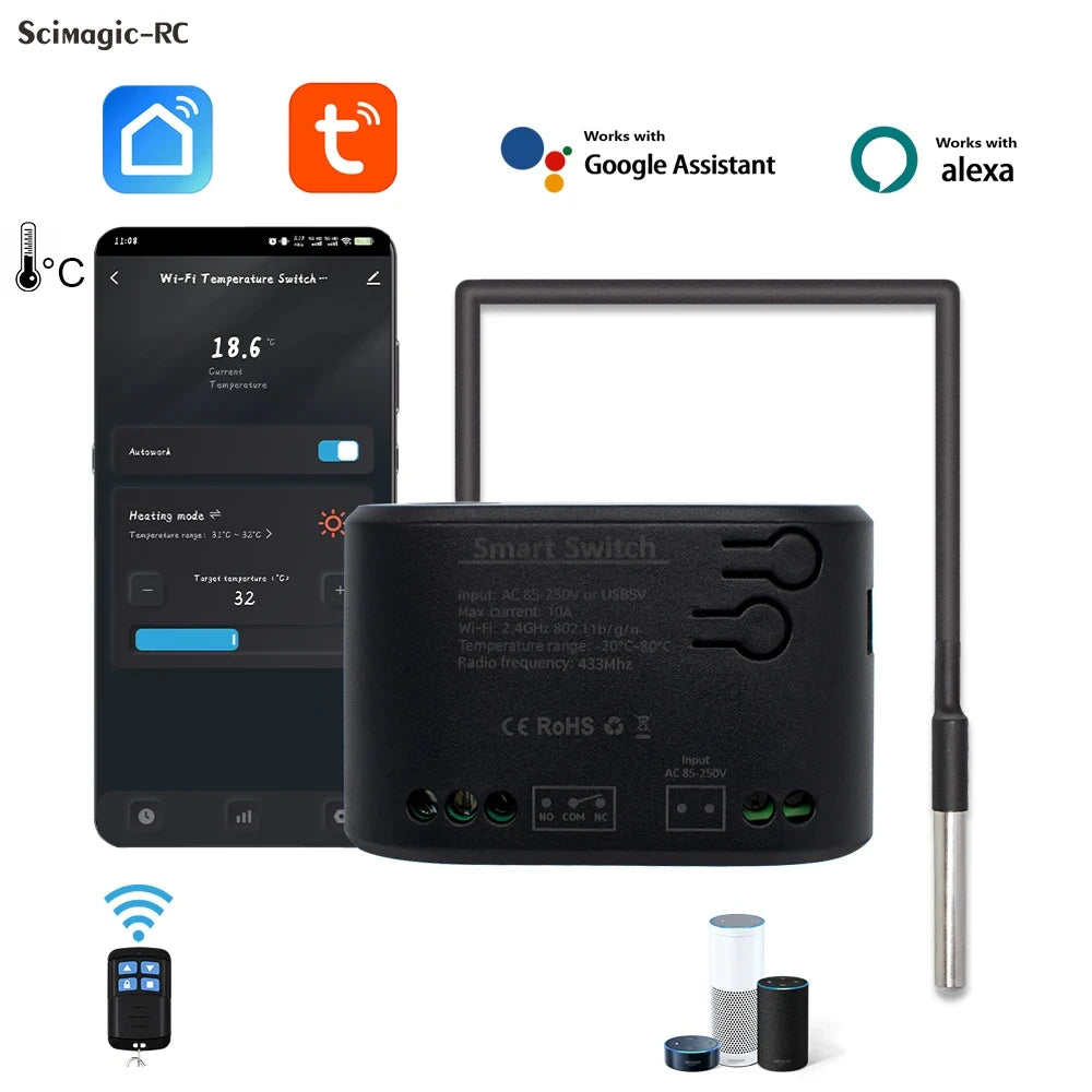 Wifi Temperature Sensor Tuya Smart Wifi Rf433 Intelligent Thermostat Switch 10A Data Monitoring Alexa Google Home Compatible