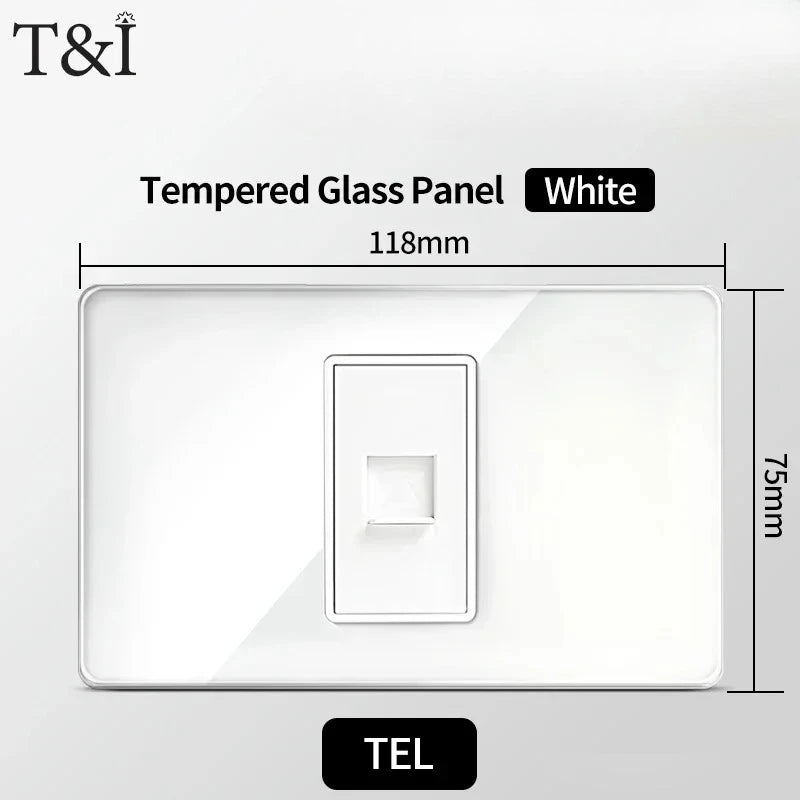 T&I 118*75mm Tempered Glass US Wall Socket White Thai USB Socket Plug with Dual USB Type-C Ports,Light Switch 110V
