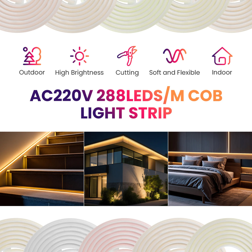 220V COB Led Strip EU Plug Warm White Red Blue Green Pink 288LEDs/m IP65 Waterproof Flexible Neon Light for Kitchen Room Garden