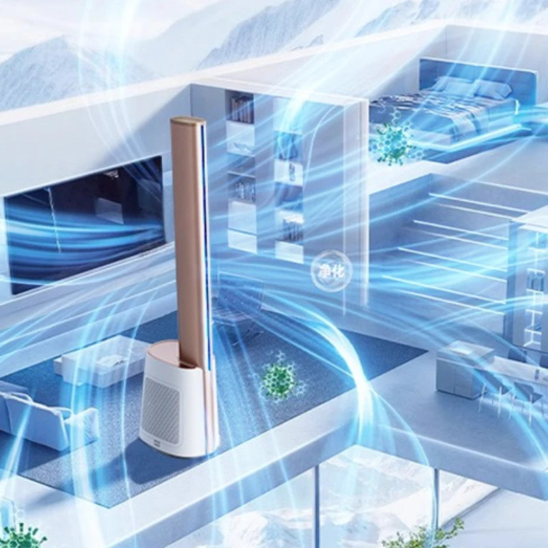 Smart Air Purifier Tower Fan with Cooling Mode - Low Noise Floor Standing AC Bladeless Fan for Whole Room Circulation