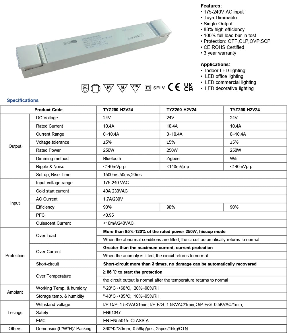 Tuya Zigbee Bluetooth Wifi Smart CCT Dimming Driver LED Strip Transformer, 24V 150W/250W Tunable White LED Switching Power Suppl