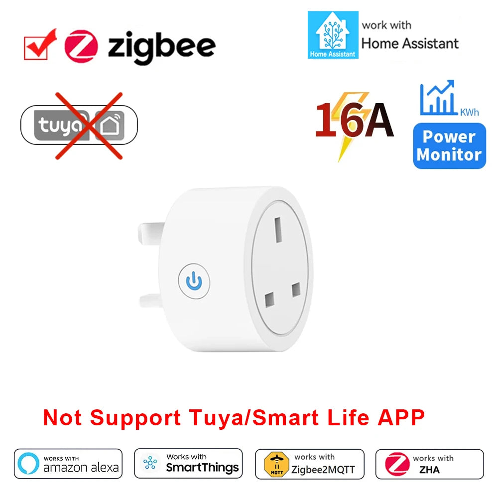 Home Assistant ZigBee Smart Plug 16A Smart Home Outlet UK Socket with Power Monitor Function APP Control Supports Alexa Z2M ZHA
