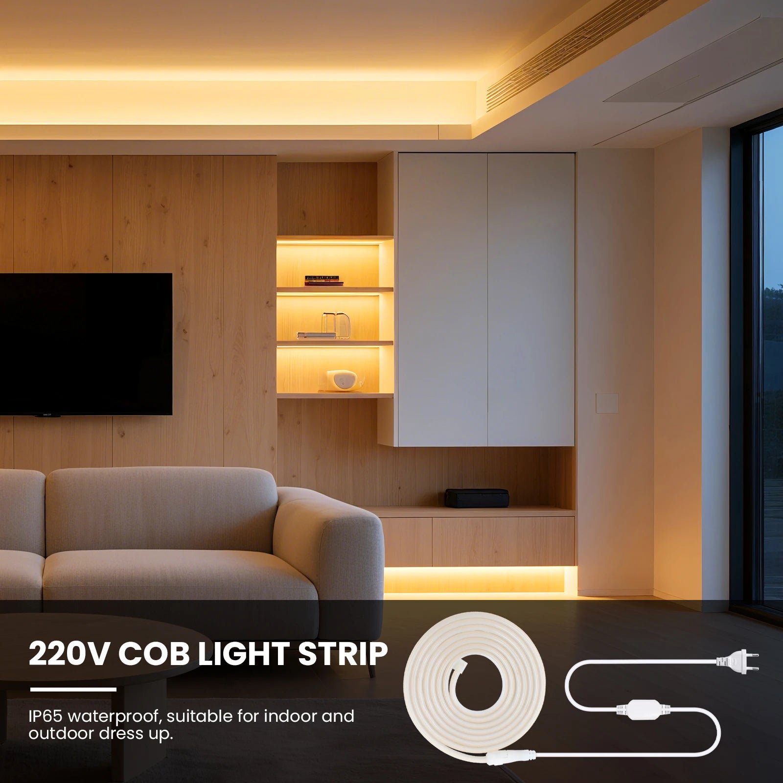 220V COB Led Strip EU Plug Warm White Red Blue Green Pink 288LEDs/m IP65 Waterproof Flexible Neon Light for Kitchen Room Garden