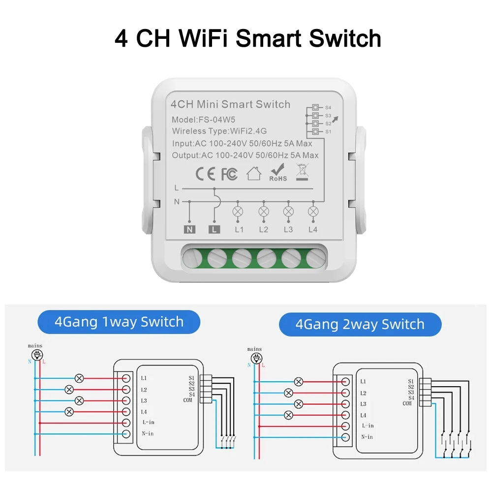 Tuya Wifi Smart Switch Module Smart Home DIY Breaker 1 2 3 4 Channel Supports 2 Way Control Voice Works with Alexa Google Alice
