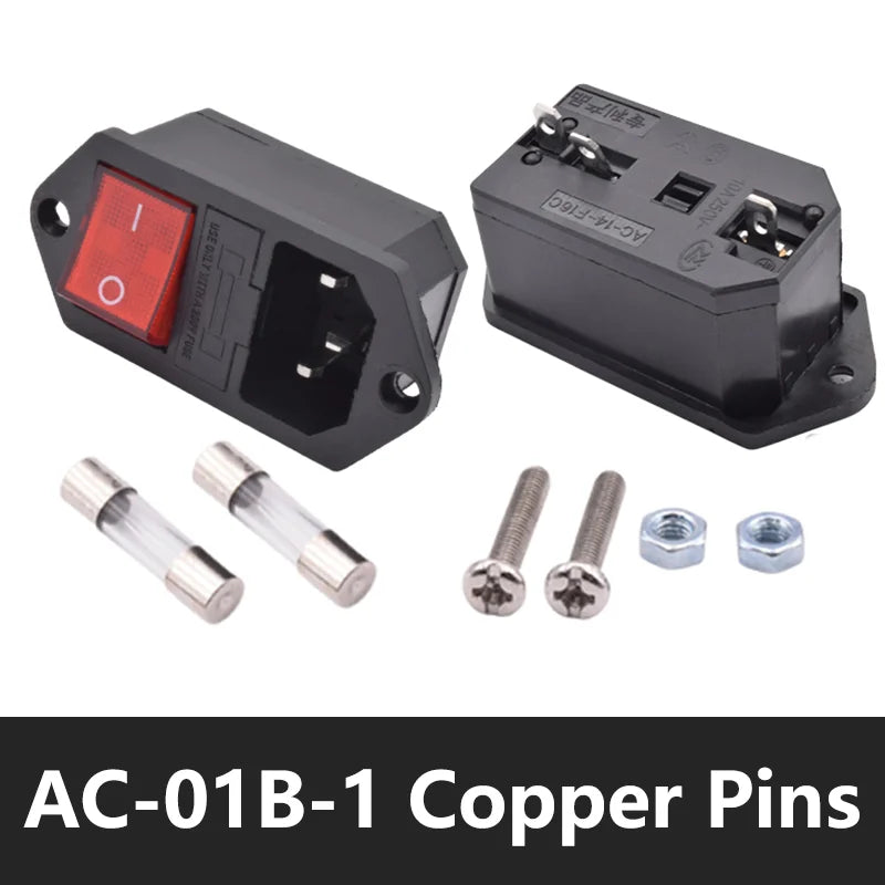 C13 C14 Electrical Power Socket Computer Mount Outlet 3 Pin IEC320 LED Rocker Switch Brass 10A Fuse Inlet Plug Connector 250v