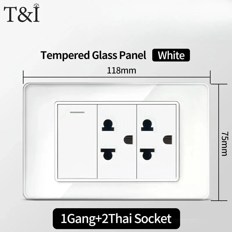 T&I 118*75mm Tempered Glass US Wall Socket White Thai USB Socket Plug with Dual USB Type-C Ports,Light Switch 110V