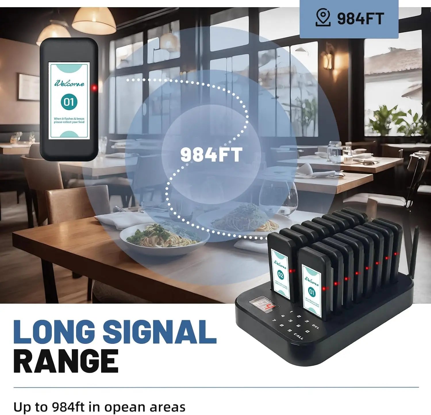 Waterproof Wireless 16-Pager Paging System 200m Range for Restaurants Food Trucks Nursing Home Vibration Flashing Buzzer Call
