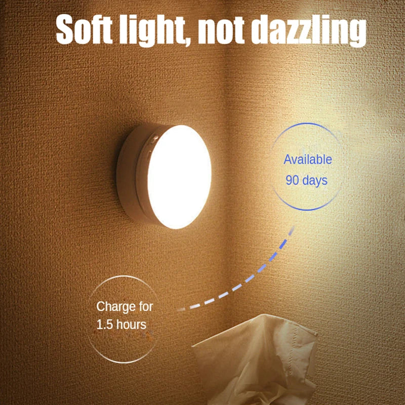 360° PIR Motion Sensing Light Round Energy Saving Bedroom USB Rechargeable Night Lamp Closet Bedside Stairs Induction Smart Lamp