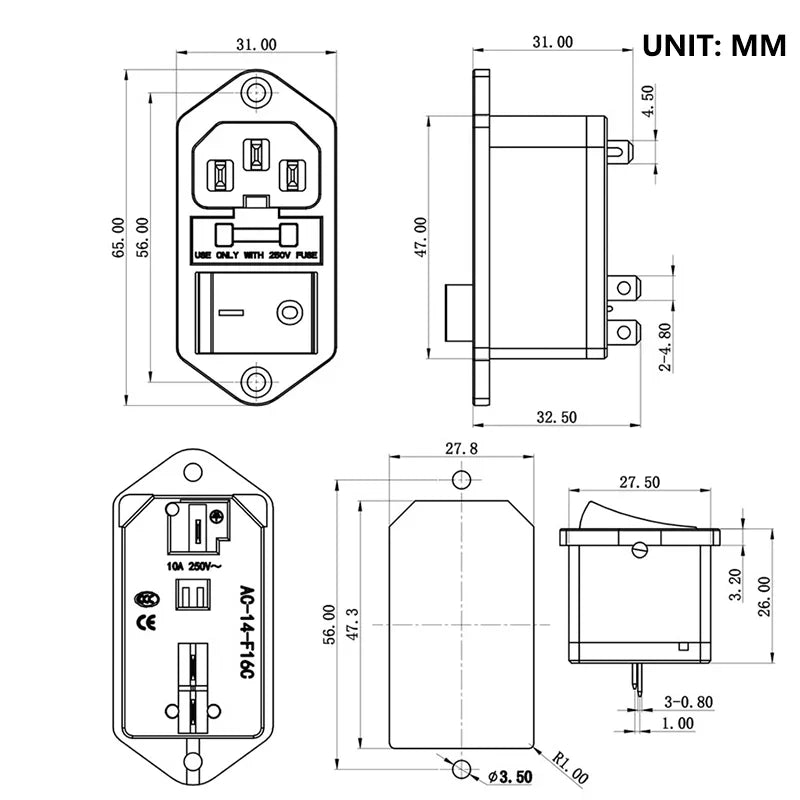 10A 250V 3 Terminal Power Socket with Fuse Holder Rocker Switch AC Power Cord Inlet Plug Socket