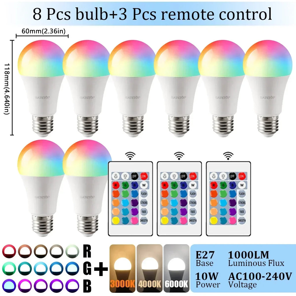 E27 Base RGB LED Bulb 24 Key Remote Control Dimmable 10W AC220V 110V Colorful Change For Bedroom Living Room Desk Lamp