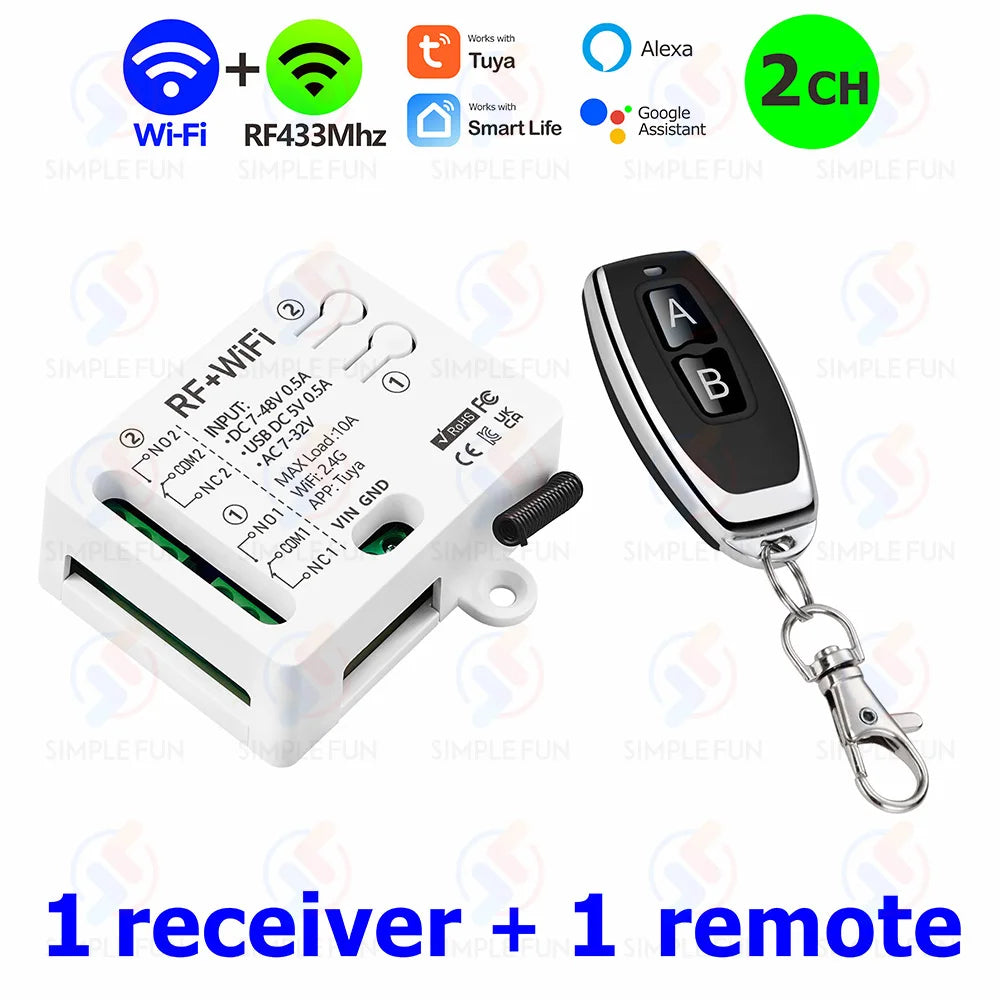 Tuya WiFi RF433mhz Motor Remote Control Switch 2 CH DC 12V 24V DIY Switch/Garage Door Opener/Motor,Work with Alexa Google Home