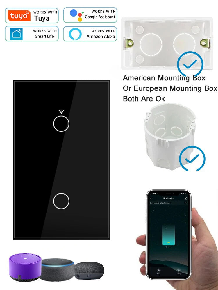Tuya Smart Switches US Neutral Wire/No Neutral Wire Required 1/2/3/4 Gang WiFi Touch Light Switch Work with Alexa Google Home