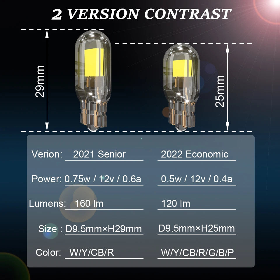 2x T10 LED W5W Car Light 2022 Newest Sapphire COB Glass Lamp Bulb Auto Accessories Drive-free Wedge Turn Door Reading 12V 6000K