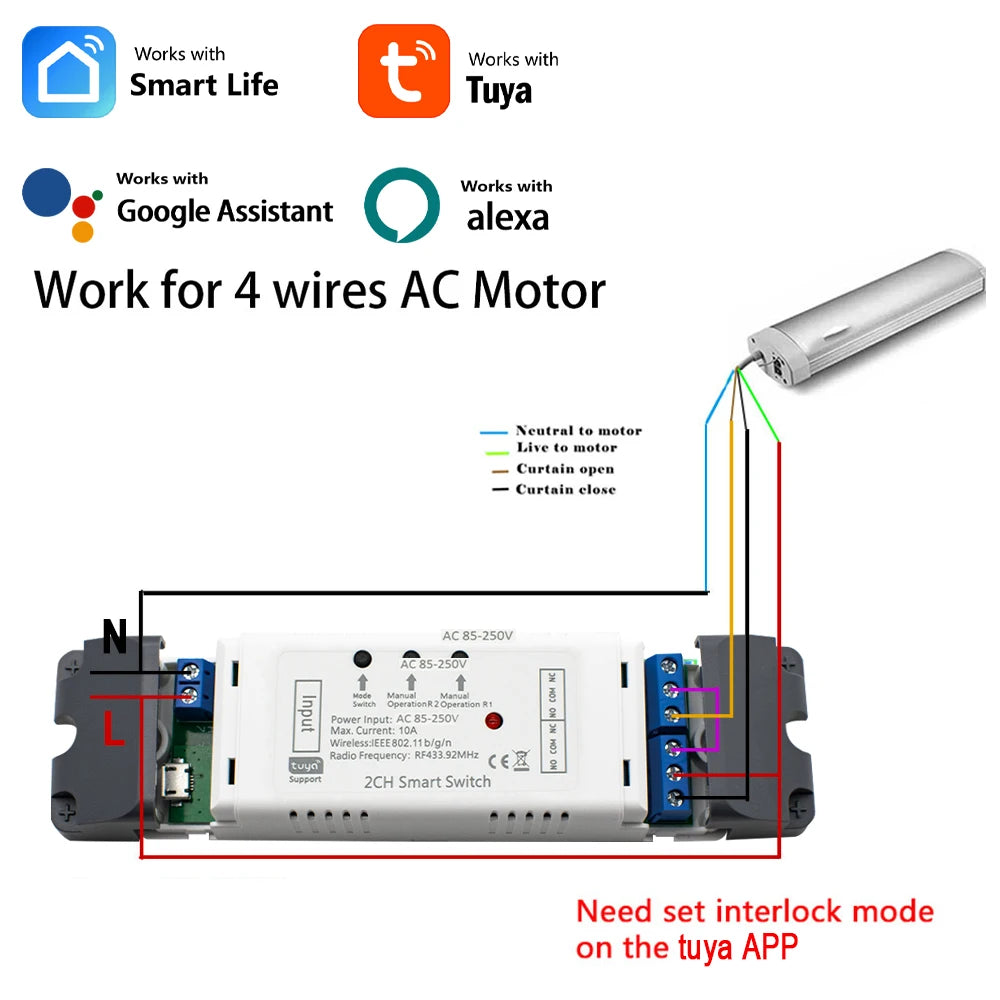 Tuya Wifi Smart Switch Electric Linear Actuator Motor Controller,DC AC 12V 24V 32V,110V 220V RF433 Remote,2CH Pulse Module Relay