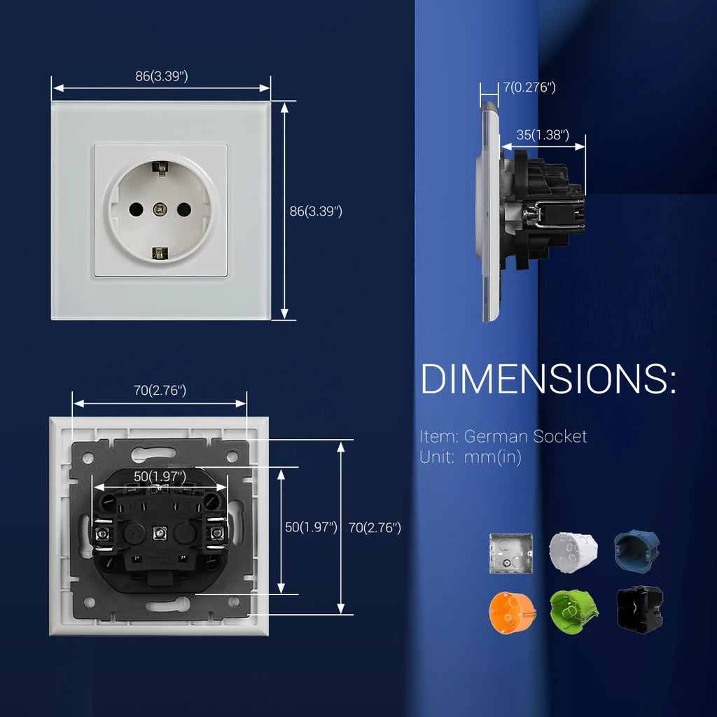 TUV Certified EU Standard Single Wall Socket with Double Power Plug USB Type-C Crystal Glass Panel 1Way Wall Switch 10A/16A 250V