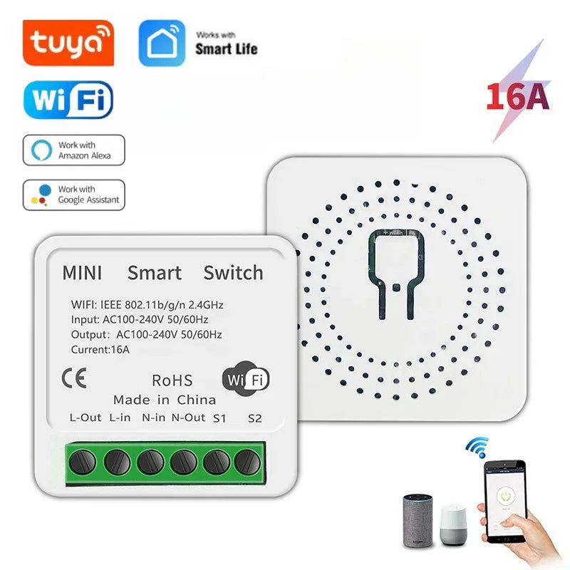 16A Mini Tuya Wifi Smart Switch 2 Way Control DIY Light Switches Alexa Yandex Alice Smart Google Home APP Voice Control
