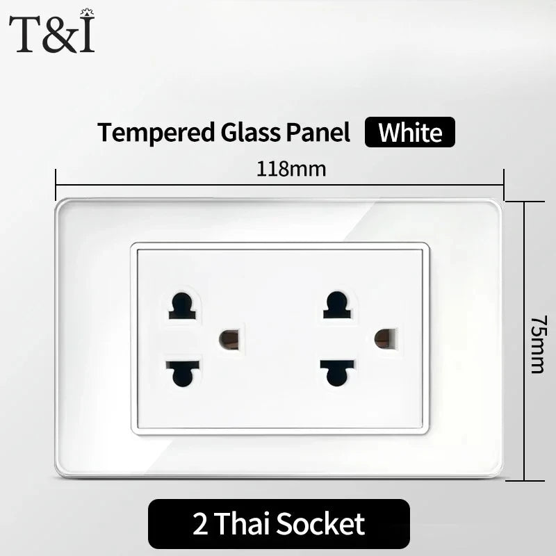 T&I 118*75mm Tempered Glass US Wall Socket White Thai USB Socket Plug with Dual USB Type-C Ports,Light Switch 110V