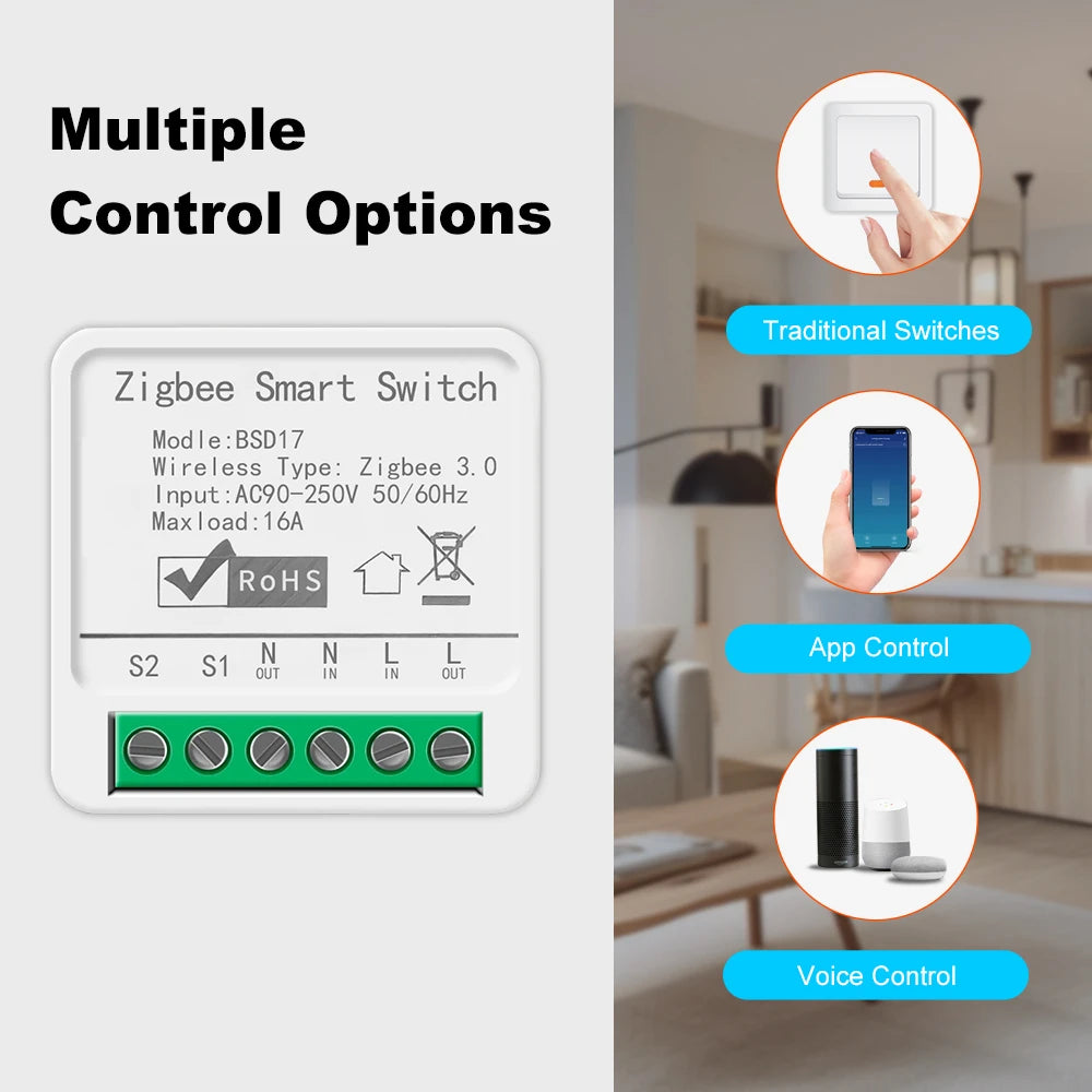 Smart ZigBee3.0 Light Switch Module 16A MiNi DIY Breaker Switch Supports 2 Way Control App Remote Control for Alexa Google Home