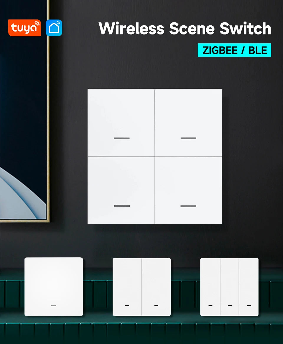 Tuya ZigBee 3.0 Smart Scene Switch Wireless Free Sticker Wall Scene Switch Push Button Battery Powered Transmitter Alexa