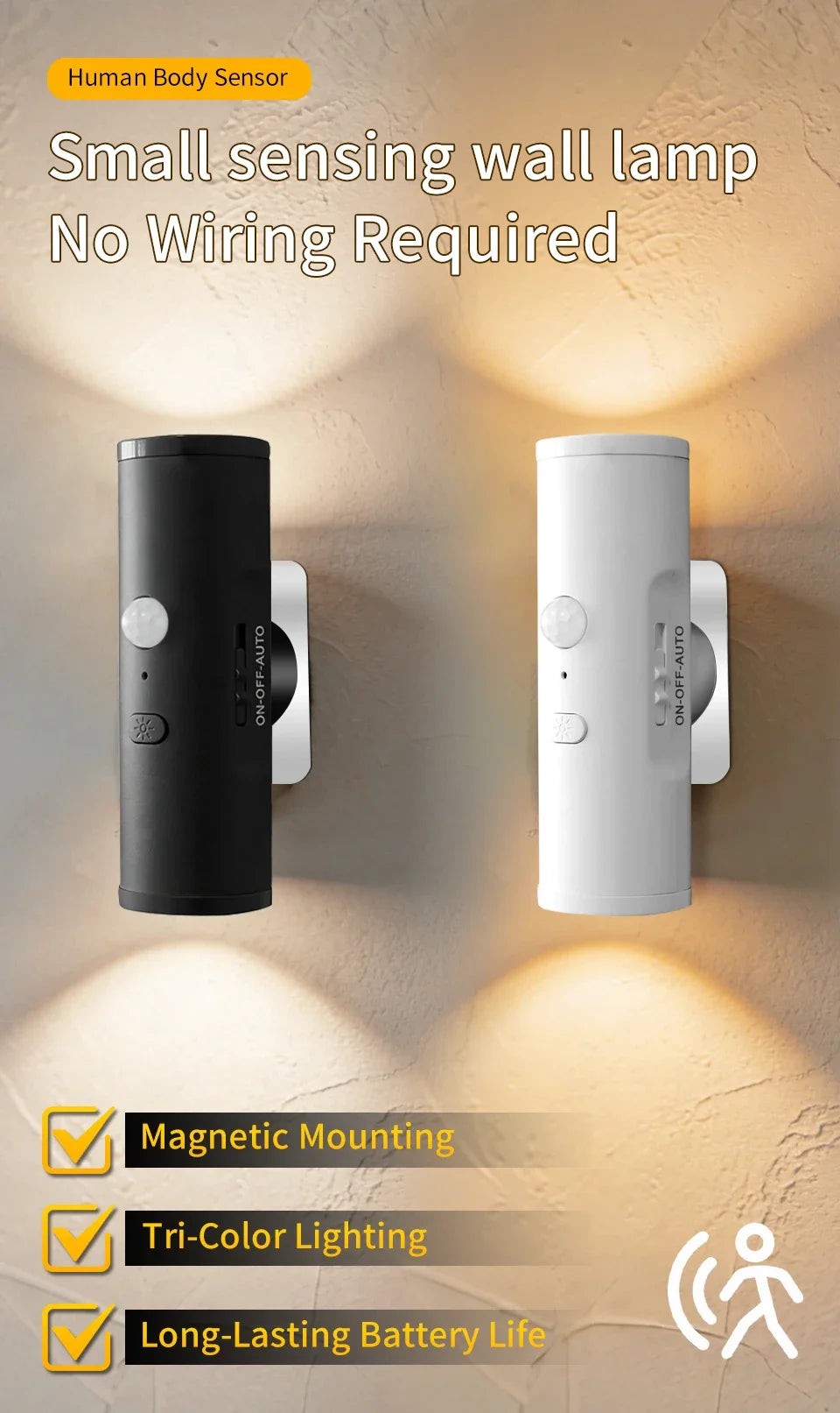 Rechargeable LED Night Light Motion Sensor Double-head Wall Lamp Magnetic Spotlight 3 Color For Bedroom Closet Stair Lighting